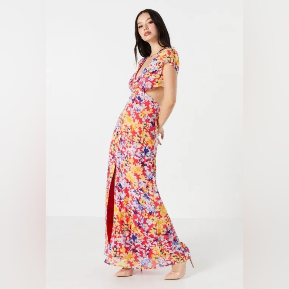 NWT Forever 21 Red Floral Cutout Maxi Dress with Yellow & Blue Accents